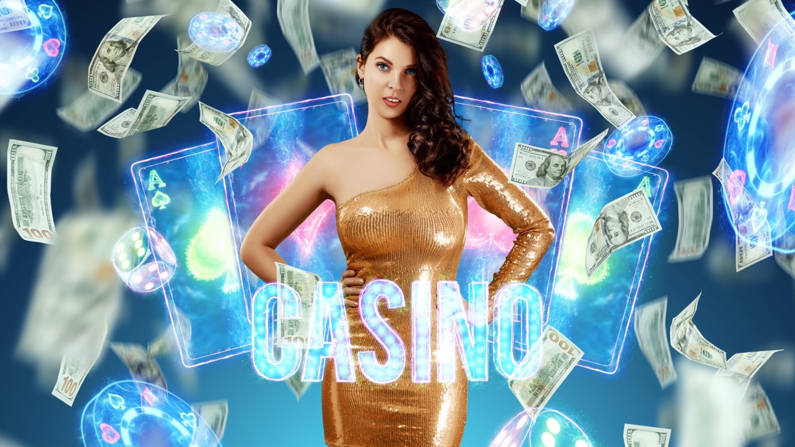 Beautiful girl on the background of casino atrebutics and falling dollars. Winning, casino advertising template, gambling, vegas games, betting